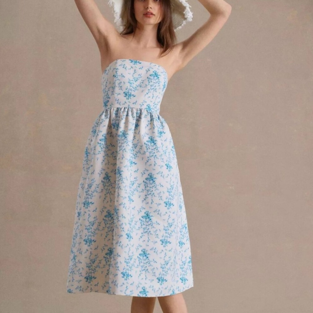 Sachin + Babi Floral Strapless white and blue Dress